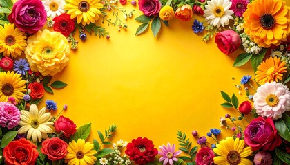 Vibrant floral border on a yellow background. Diverse blossoms in various colors encircle a bright central space. Perfect for invitations and designs