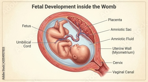 Medical illustration of human fetal development inside the womb illustration