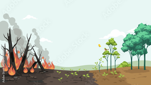 Continuous landscape showing forest destruction to rebirth – Perfect for environmental history timelines, wildfire awareness campaigns, or ecological resilience stories.