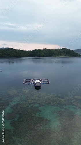 Aerial view of circular fish farms contrasting against the deep blue sea, with an island in the background, Sabang Island, Sumatera Indonesia.