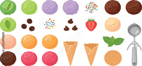 Colorful ice cream scoop constructor set with cones toppings and ingredients vector illustration