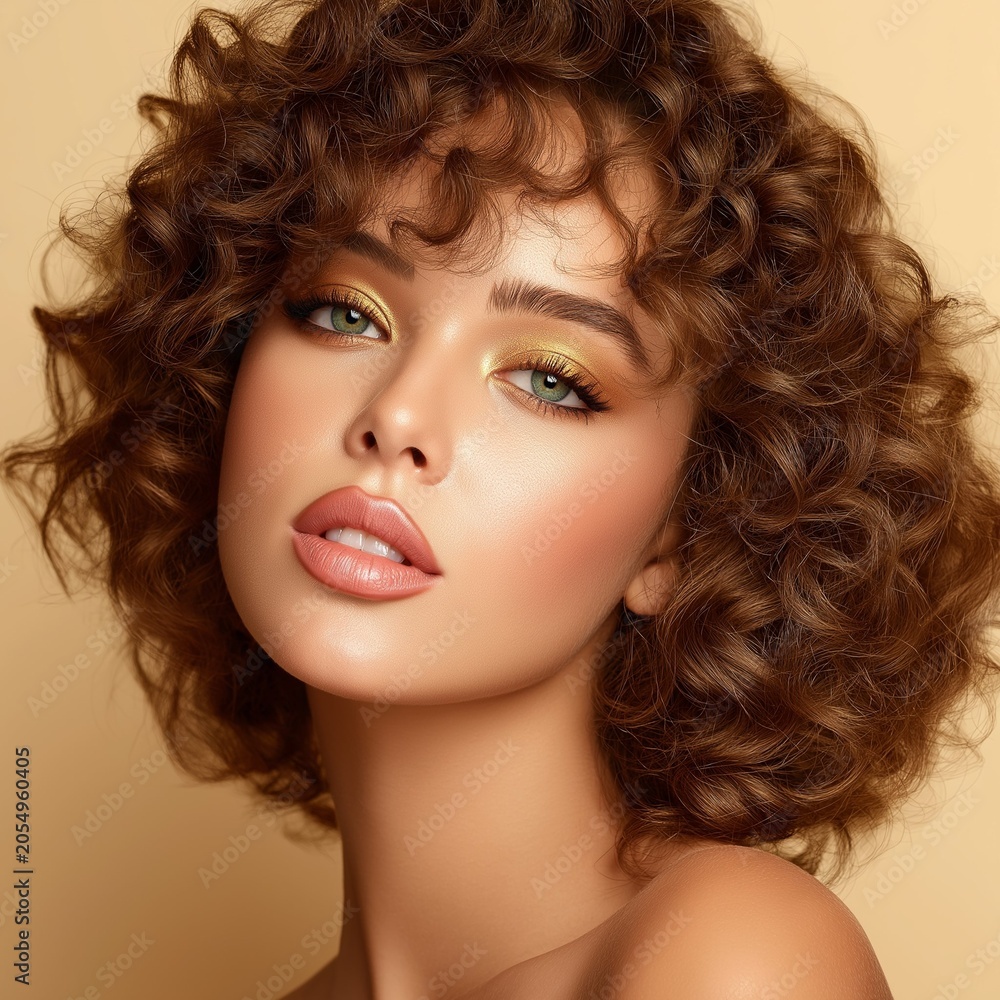 Fototapeta premium Striking beauty portrait of a woman with curly hair and golden eye makeup.