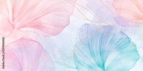 Delicate floral pattern with pastel petals and gold accents, suitable for background