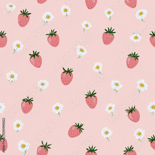 Pink strawberry and daisy pattern, pastel pink background, simple illustration style, flat vector graphic, cute and dreamy, small fresh pink strawberries scattered among tiny white daisies with yellow