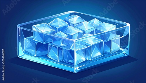 Futuristic transparent ice cube with blue glow and reflections.