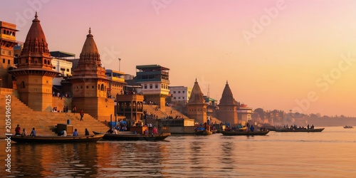 Golden sunset over Varanasi ghats Ganga river. Boats with people float past ancient temples and stairs. Pilgrims gather by holy water. Spiritual India scene.
