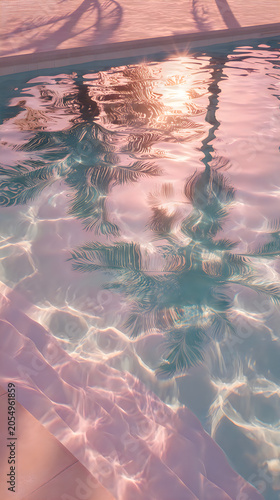 Palm tree shadows reflecting in a sunny swimming pool