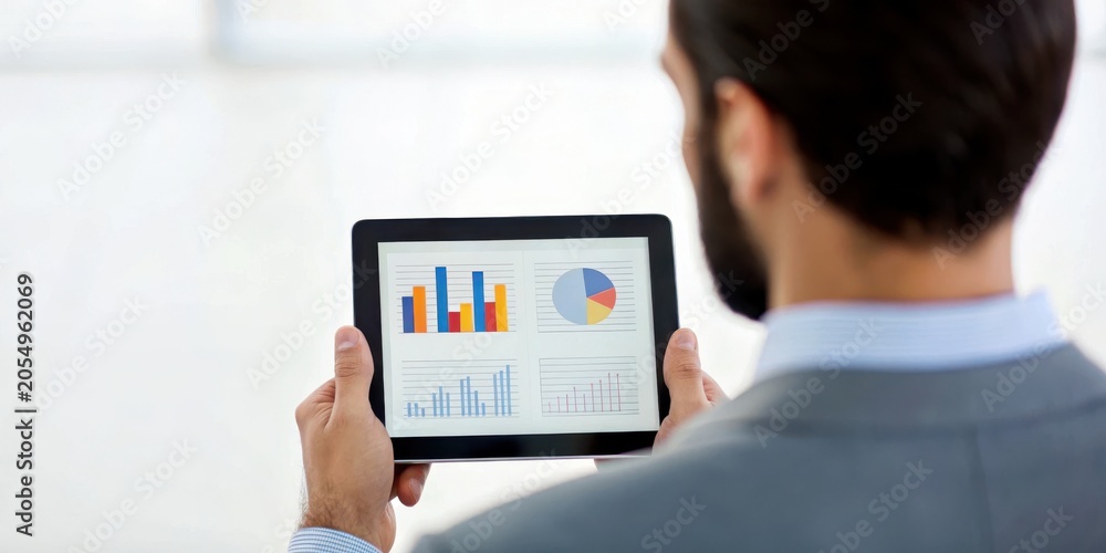 Obraz premium Coworking cafe concept. Man in suit using a tablet displaying charts and graphs for data analysis or business presentation.