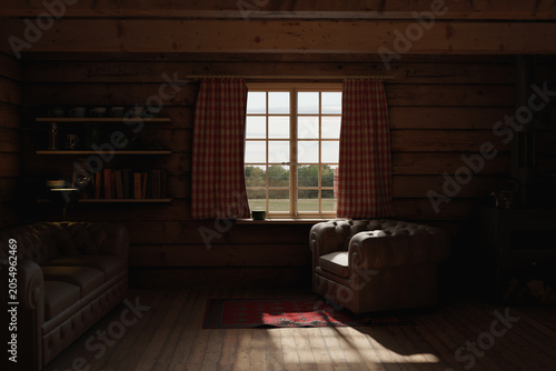 3D Rendering of a cozy cabin interior with beautiful view to forest tree line