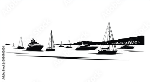 Фотография Luxury yachts and sailing boats in coastal harbor black and white illustration