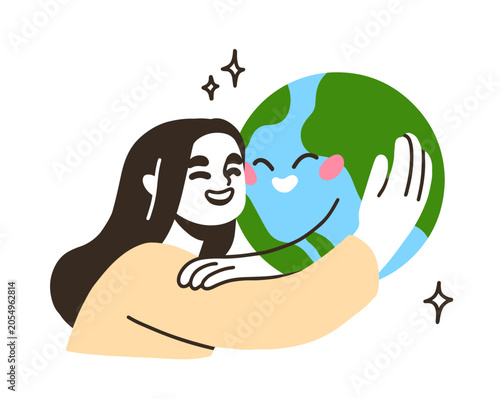 Woman hugging cute Earth character. Human embracing globe, saving planet. Eco...
