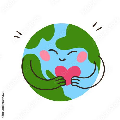 Cute kawaii Earth with heart in hands. Happy smiling globe character with lov...