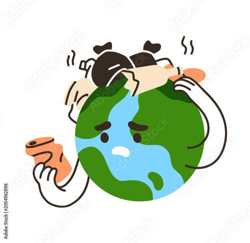 Earth planet character suffering from pollution and garbage. Upset sad globe ...