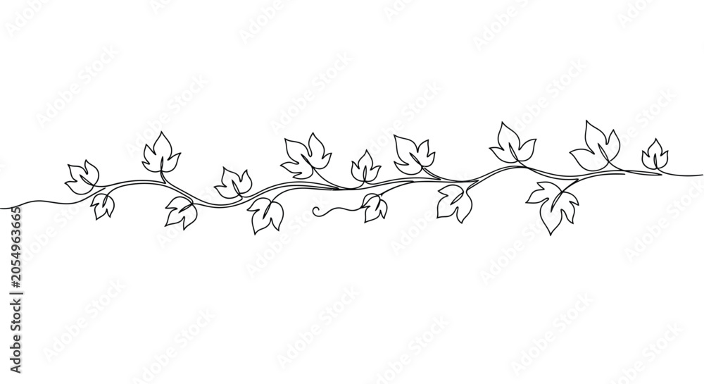 Obraz premium Continuous line drawing of horizontal grapevine branch with leaves