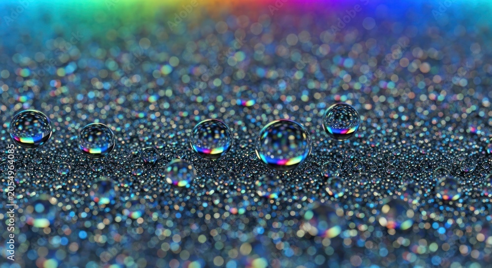 Naklejka premium Water drops on textured surface with rainbow reflections