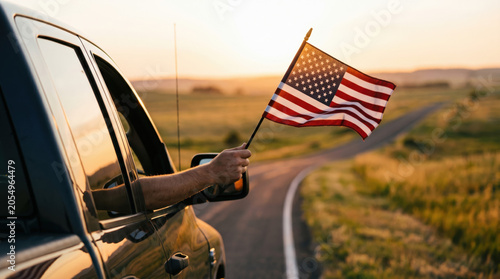 Patriotic road trip scene featuring American flag extended from vehicle at sunset, symbolizing freedom, adventure, national pride and USA Independence Day celebration
