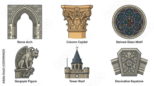 Εκτύπωση καμβά Gothic Architecture Elements: Arch, Capital, Stained Glass, Gargoyle, Tower, Key