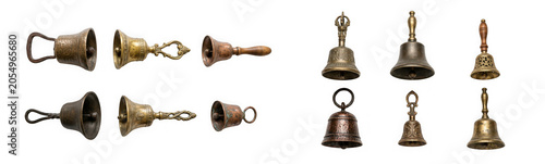 Collection of various antique brass bells as cut out PNG isolated on transparent background