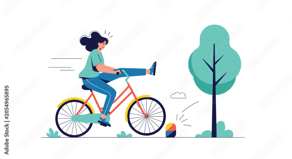 Fototapeta premium Energetic young woman riding bicycle on park path lifting her leg up with speed and positive energy.