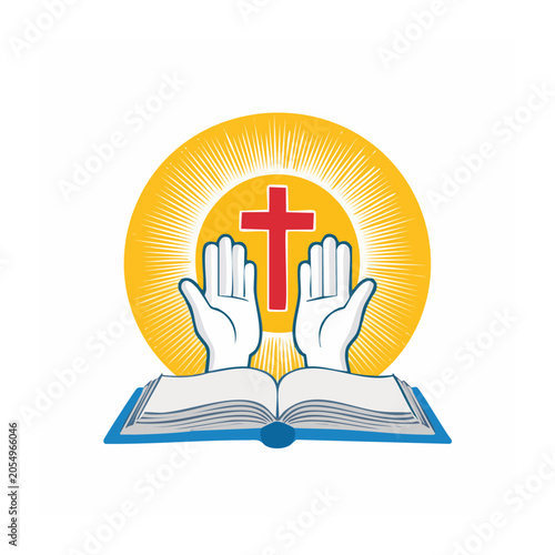 Praying Hands with Cross and Open Bible Illustration