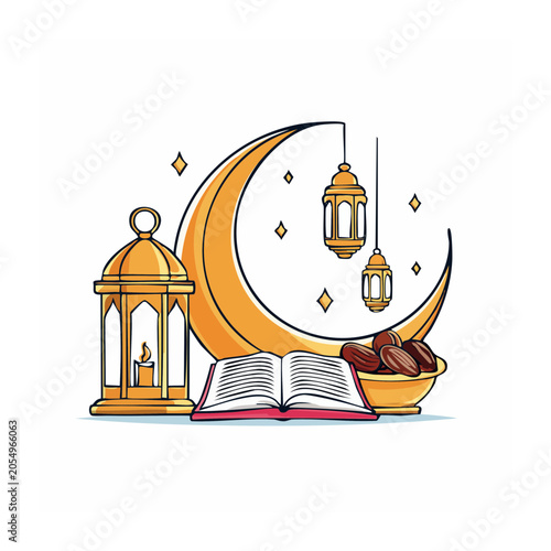 Ramadan elements: crescent moon, lantern, dates, and open book