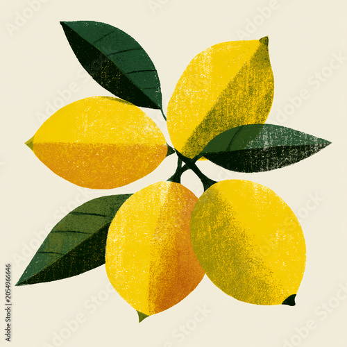 Minimal lemons illustration with bold yellow shapes and simple typography, clean retro Mediterranean poster aesthetic, hand-drawn crayon illustration style, warm and cozy feeling, flat illustration, e
