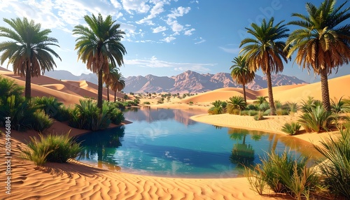 A serene desert oasis with palm trees, a tranquil pond, and majestic mountains