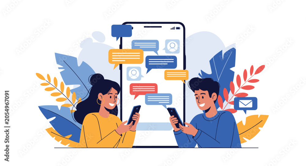 Obraz premium Happy young man and woman texting on their smartphones in front of a giant mobile phone screen with chat bubbles.
