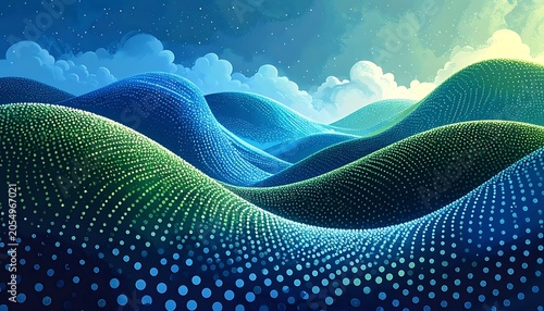 A serene digital landscape with wavy hills and cloudy skies