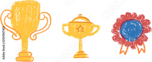 Textured crayon style illustration of golden winner trophies and red award ribbon rosette. Hand drawn victory symbols in doodle childlike style isolated on white background.