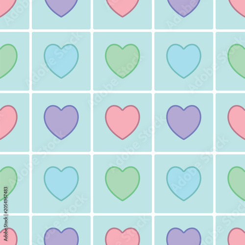 Seamless Pastel Hearts Pattern on Mint Background. Colorful Pastel Heart Seamless Pattern