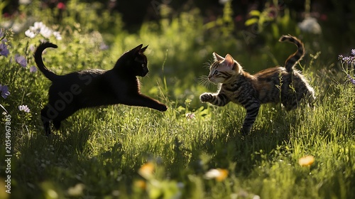 Black Cat and Tabby Cat Playing in Green Grass Field with Wildflowers