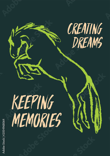 Jumping horse, poster design with motivational phrase. Hand-drawn equine anim...