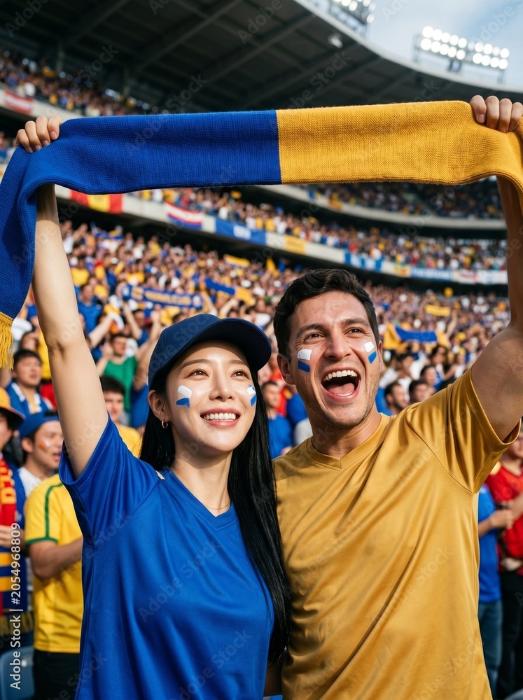 Fototapeta premium Happy diverse couple cheering with scarf at a soccer stadium match