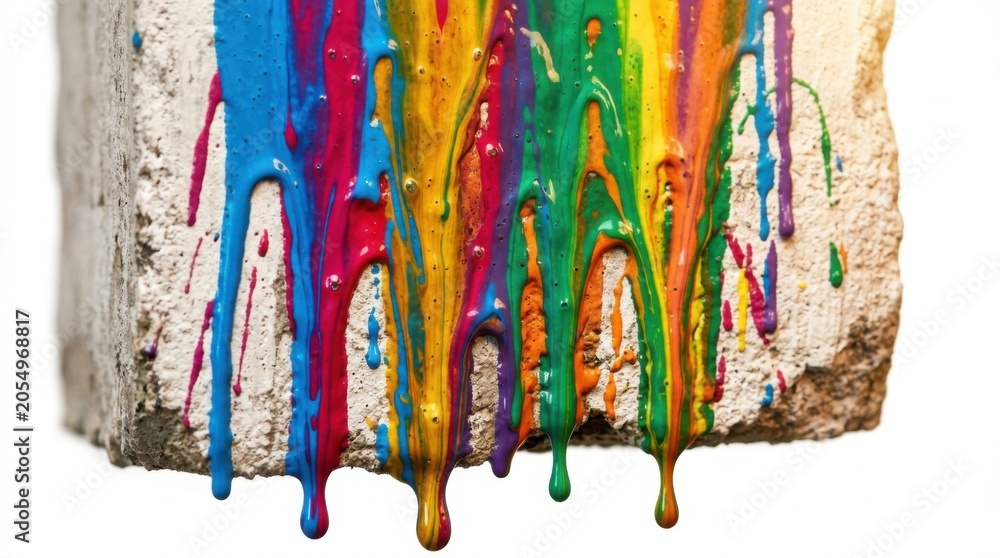 Fototapeta premium Colorful Rainbow Paint Dripping on Concrete Block