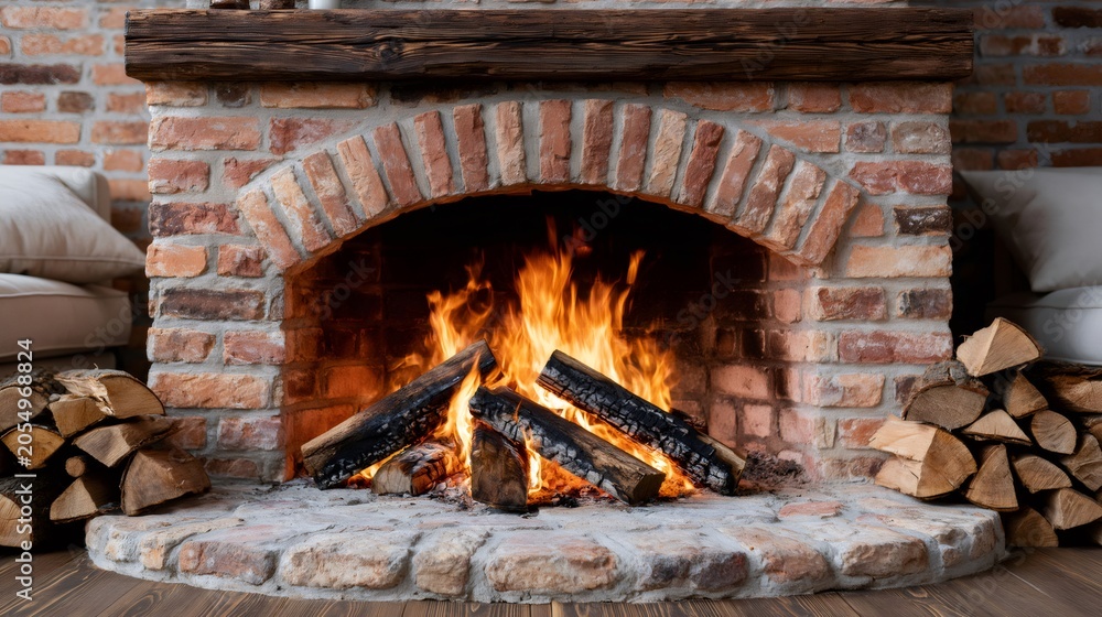 Obraz premium Brick fireplace with burning logs providing warmth