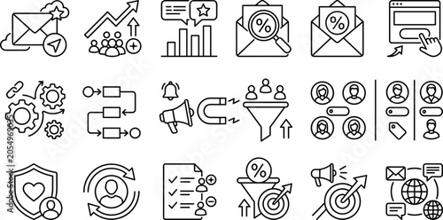 Konstfotografi Digital marketing and customer relationship line icon set featuring sales funnel