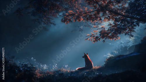 Small fox sitting alone in a dark magical forest at night