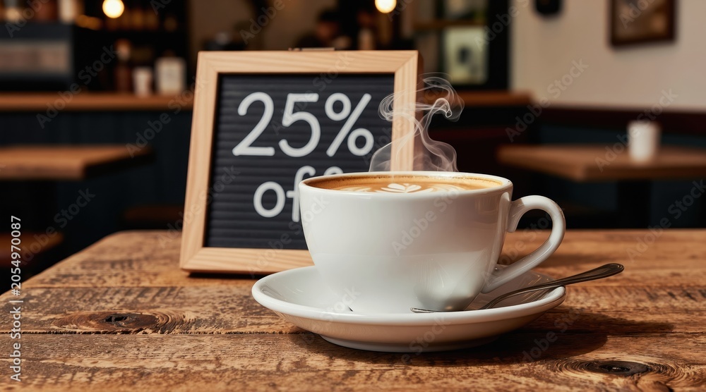 Fototapeta premium Hot steaming latte with art on top sits on rustic wood table near 25 percent off sign in cozy cafe. Coffee shop promotes special offer for inviting customers.