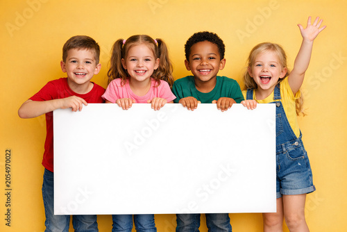 A group of five smiling children holding a large blank canvas, ready for creation and expression.