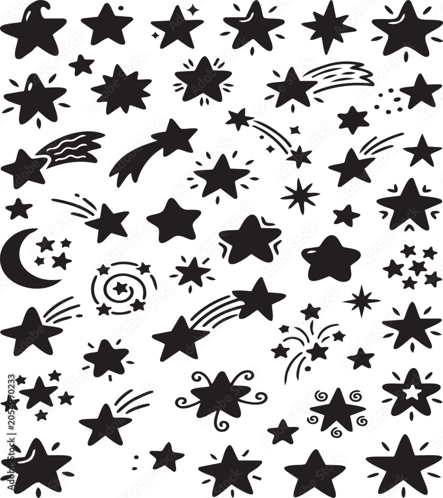 Obraz premium Hand drawn star doodles and shooting star collection