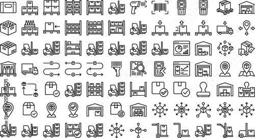 Fotografía Logistics and warehouse storage line icon set featuring forklift trucks shipping