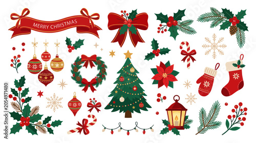 Christmas Decoration Elements - Festive Holiday Ornaments, Tree, Wreath, Holly, Bows, Lights
