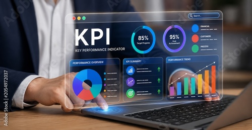 KPI Analysis and Performance Tracking with Businesswoman Monitoring Data Charts and Metrics