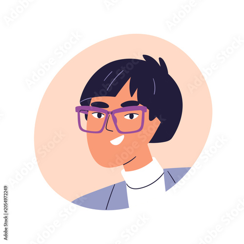 Asian man in eye glasses, face avatar. Happy smiling male head portrait, wear...