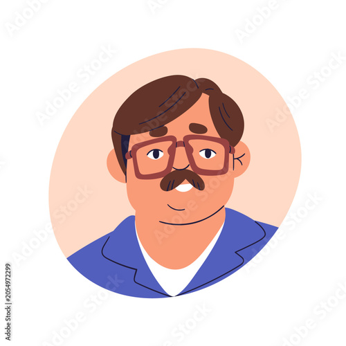 Man in glasses, face avatar. Chubby fat person with mustache and spectacles, ...