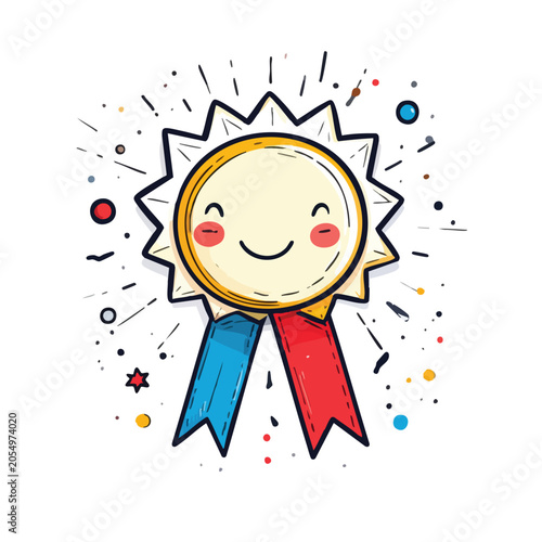 Cute cartoon medal illustration with a happy face.