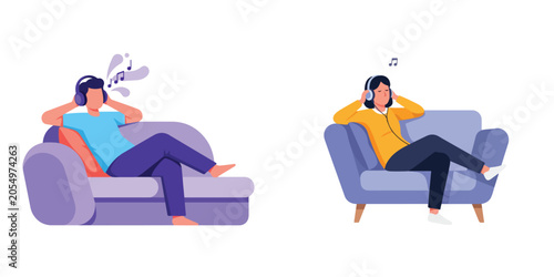 Fotografie Illustrative scene of people unwinding and enjoying music through headphones on