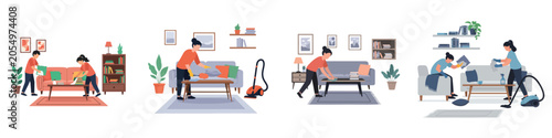 Canvastavla Flat illustration set of people cleaning living room, vacuuming floor and tidyin