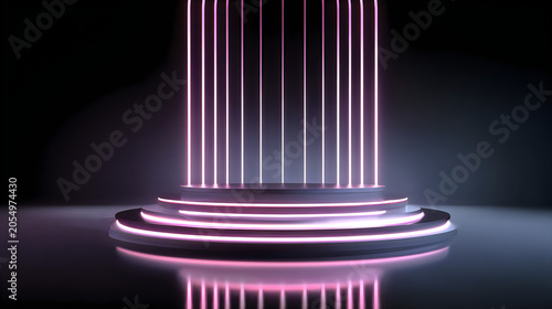 Neon light podium with vertical glowing beams in dark